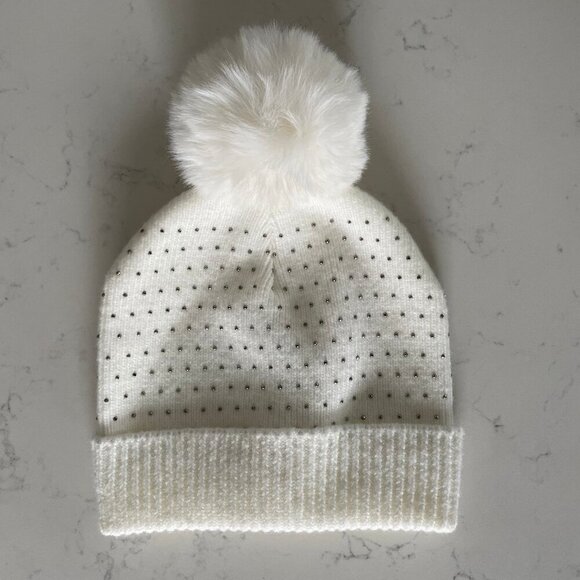 Time and Tru Cozy Acrylic Polyester Blend Knit Toque w Pom Pom & Beads Cream OS - Picture 2 of 8